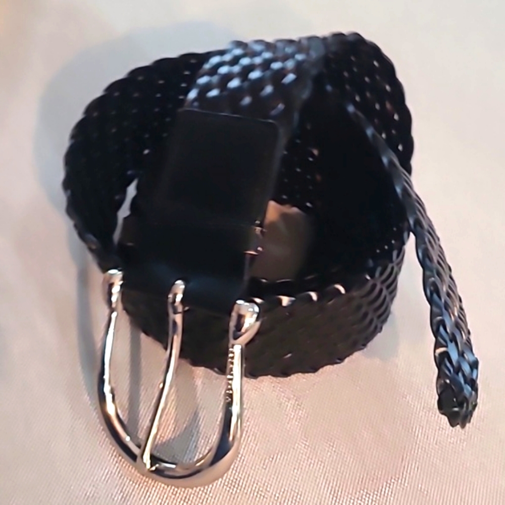 MICHAEL KORS Blk Braided Bonded Leather Belt Large Shiny Silver Buckle 2" L